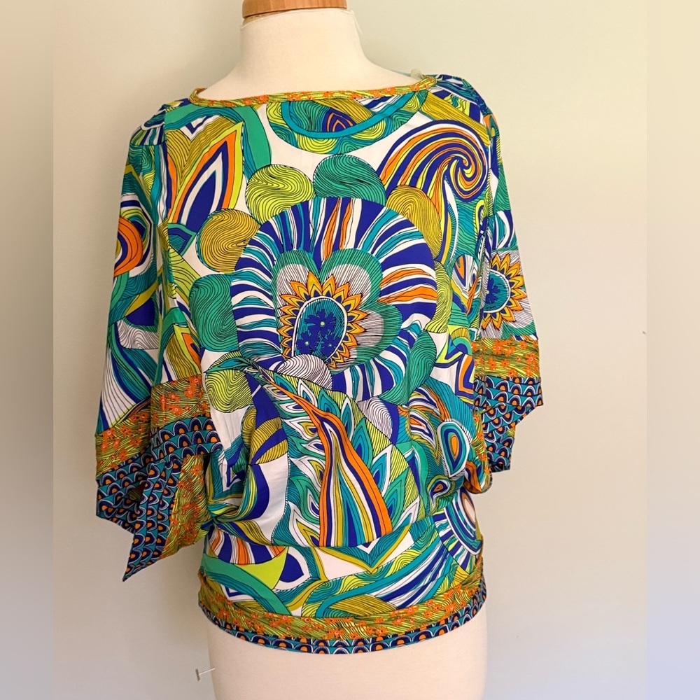 Trina Turk Green Blue Yellow Orange Abstract Floral Blouse in swimwear fabric
